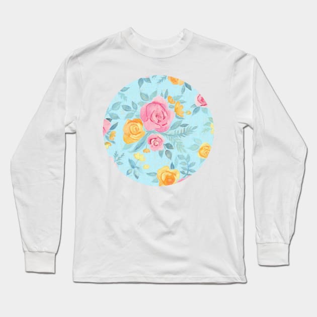 Chalk Pastel Pink & Orange Roses on Sky Blue Long Sleeve T-Shirt by micklyn